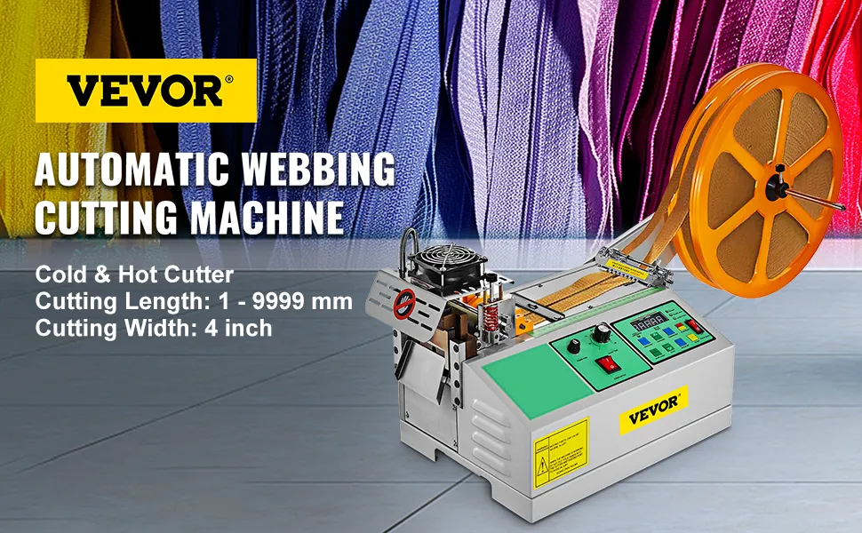 VEVOR tape cutting machine for webbing with colorful straps background.