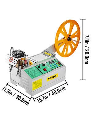 VEVOR tape cutting machine with dimensions: 15.7x11.8x7.8 inches.