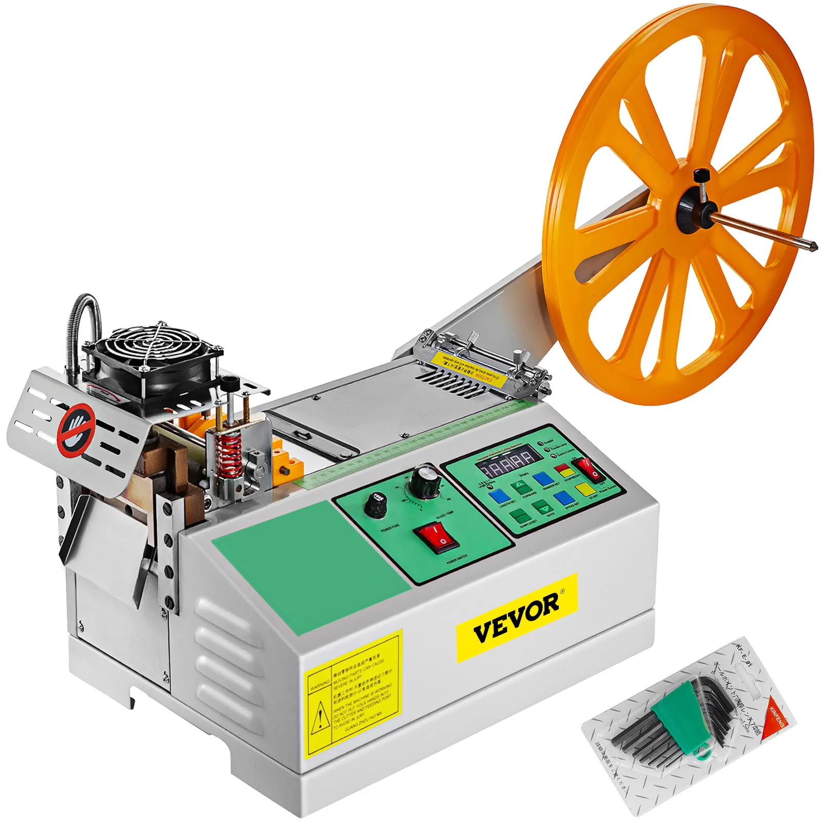 VEVOR tape cutting machine with control panel, large orange wheel, and various accessories