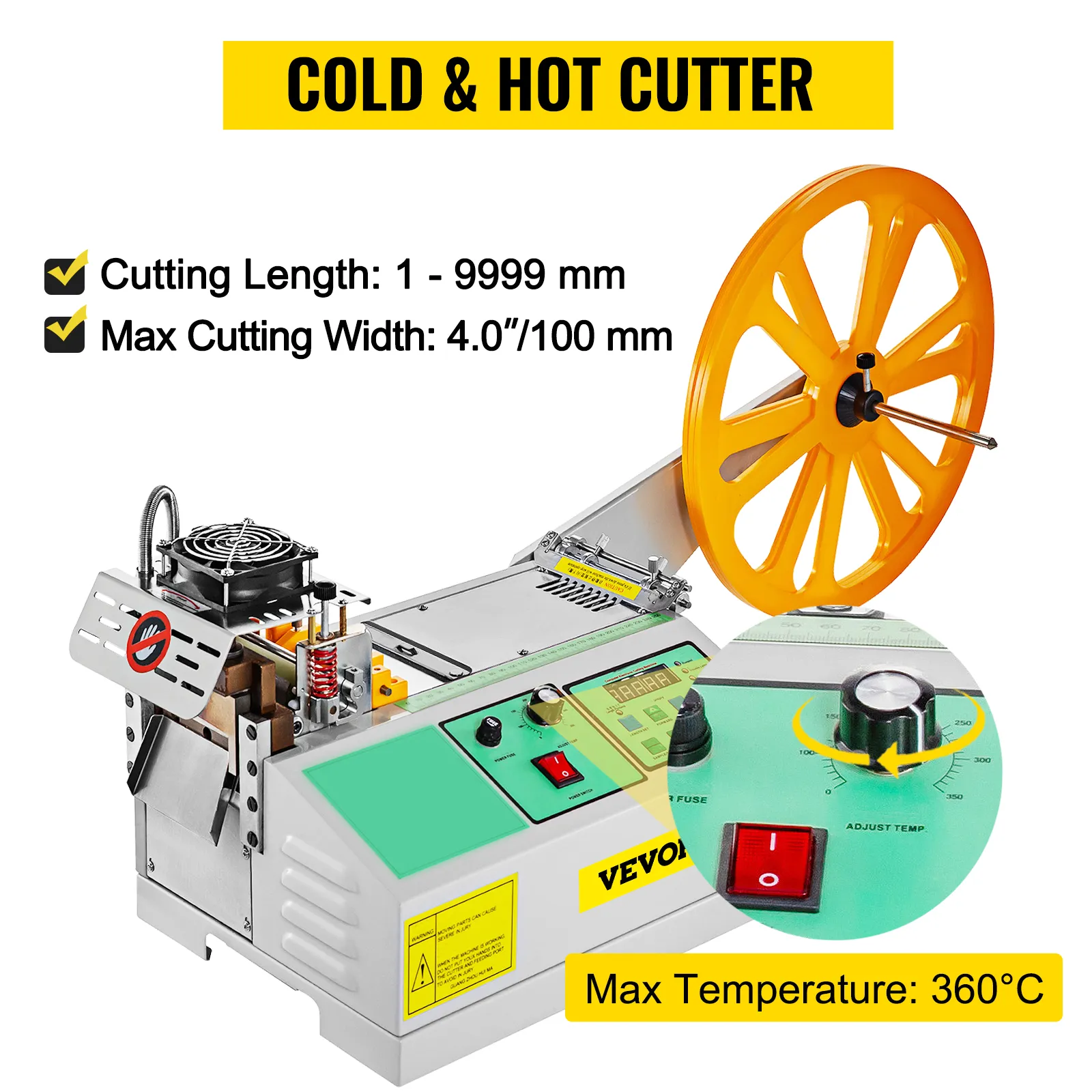 VEVOR tape cutting machine with yellow reel and control panel, max temp 360°c.