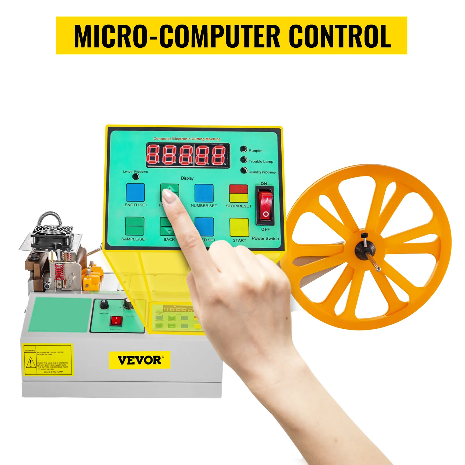 VEVOR tape cutting machine with micro-computer control display and yellow reel.