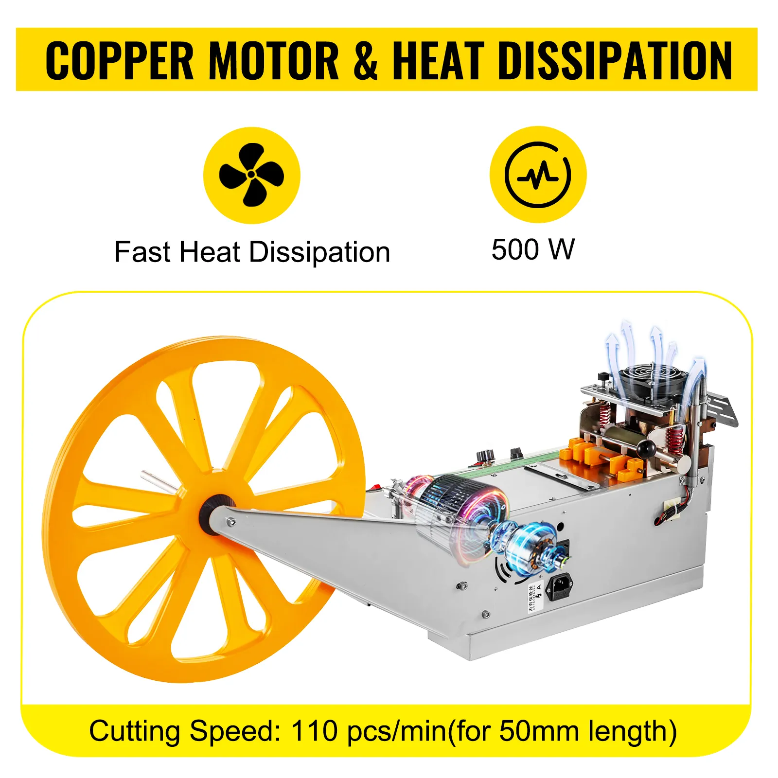 VEVOR tape cutting machine with copper motor, 500w power, and fast heat dissipation.