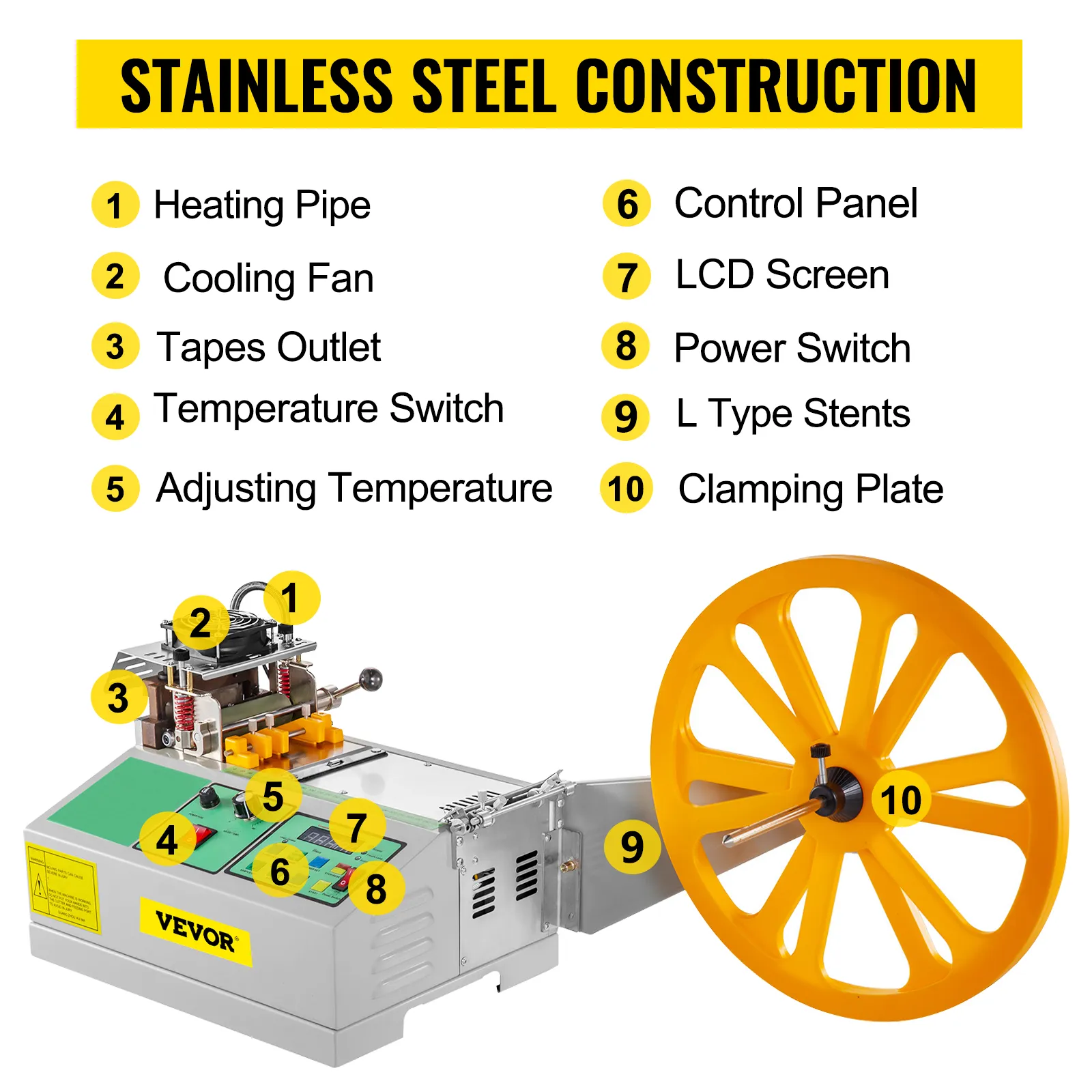 VEVOR tape cutting machine with yellow wheel, control panel, and labeled components.