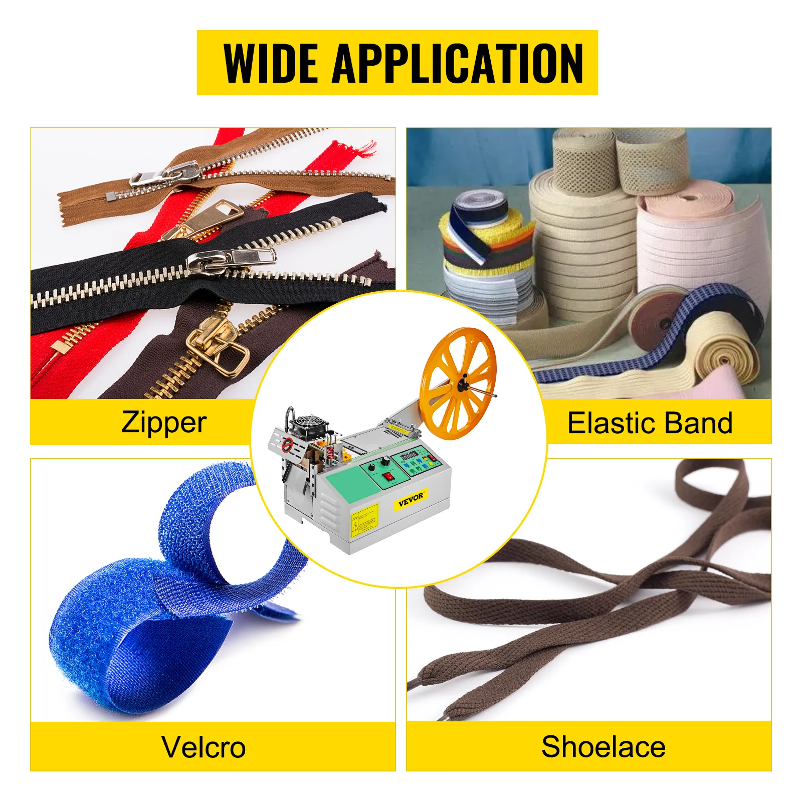VEVOR tape cutting machine: versatile for zippers, elastic bands, velcro, and shoelaces.