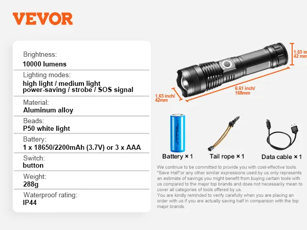 VEVOR flashlight features 10000 lumens, aluminum alloy, 6.61-inch length, and ip44 waterproof rating.