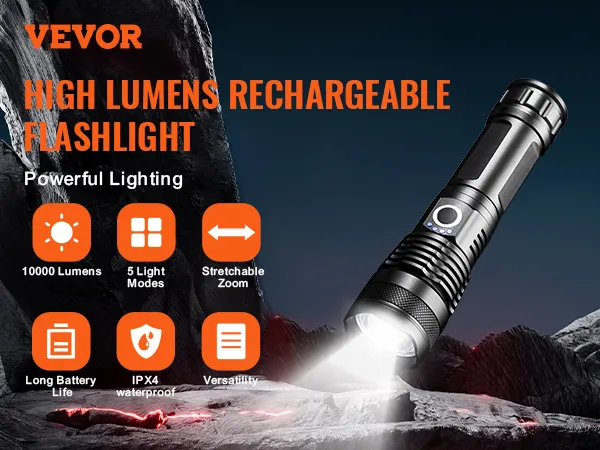 VEVOR 10000 Lumen High Lumens Flashlight, 5 Lighting Modes Rechargeable,  IPX4 LED Waterproof Flashlight, Powerful aluminum alloy Handheld Flashlight  for Camping Hiking Biking Fishing Night Running | VEVOR US
