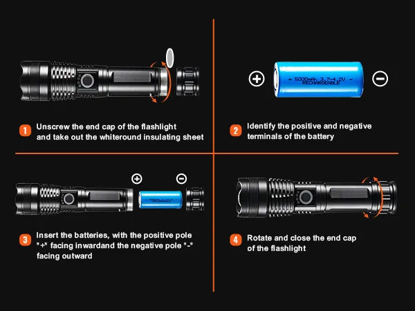 VEVOR flashlight battery installation steps, showing how to insert and secure rechargeable batteries.