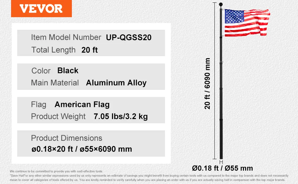 VEVOR flagpole 20 ft, black aluminum alloy, with american flag. item: up-qgss20. weight: 7.05 lbs.