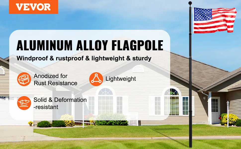 VEVOR flagpole with american flag, aluminum alloy, windproof, rustproof, lightweight and sturdy.