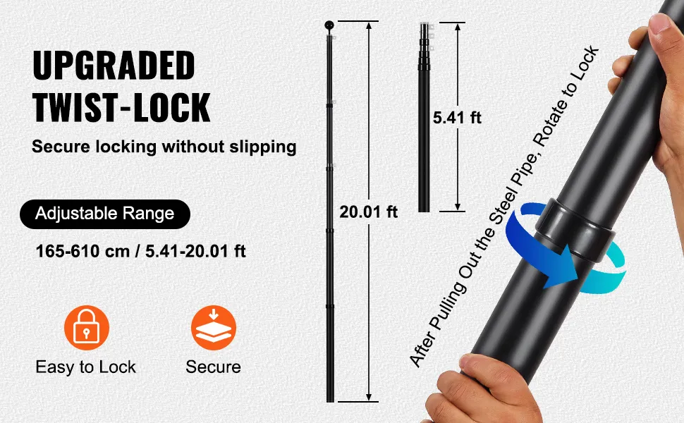 VEVOR flagpole with upgraded twist-lock, adjustable range 5.41-20.01 ft, secure and easy to lock features.