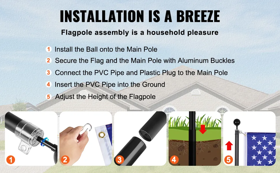 easy steps to install VEVOR flagpole: secure ball, flag, connect pvc pipe, insert, adjust height.