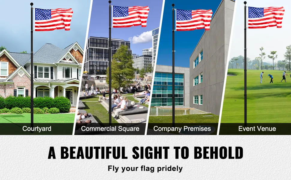 american flags on VEVOR flagpoles in a courtyard, commercial square, company premises, and event venue.