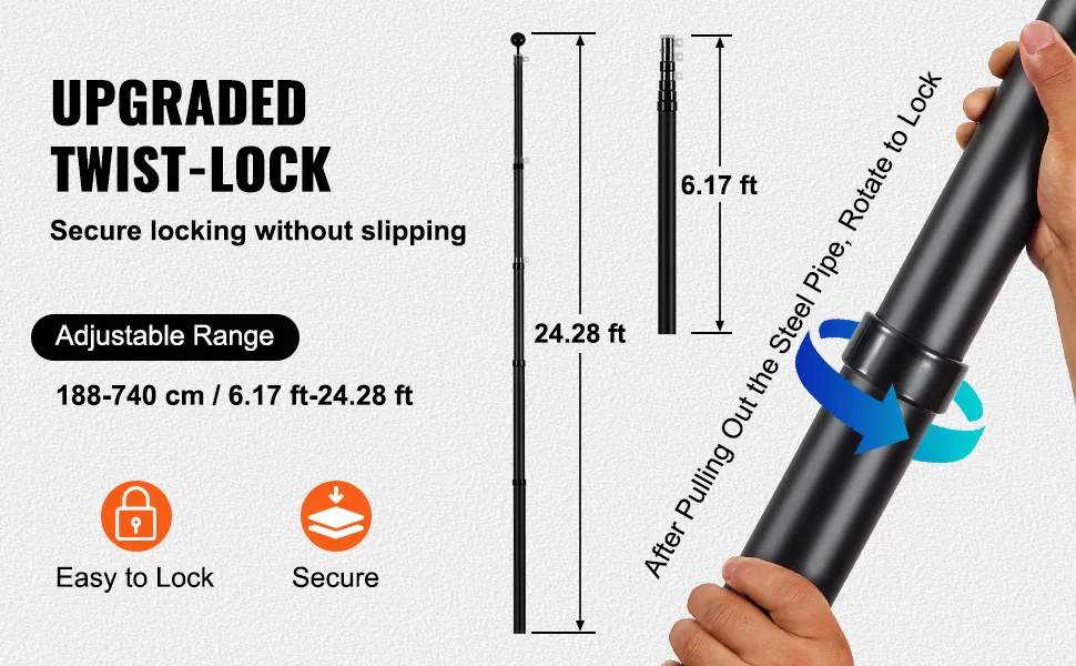 VEVOR telescopic flagpole with twist-lock mechanism, adjustable height from 6.17 ft to 24.28 ft.