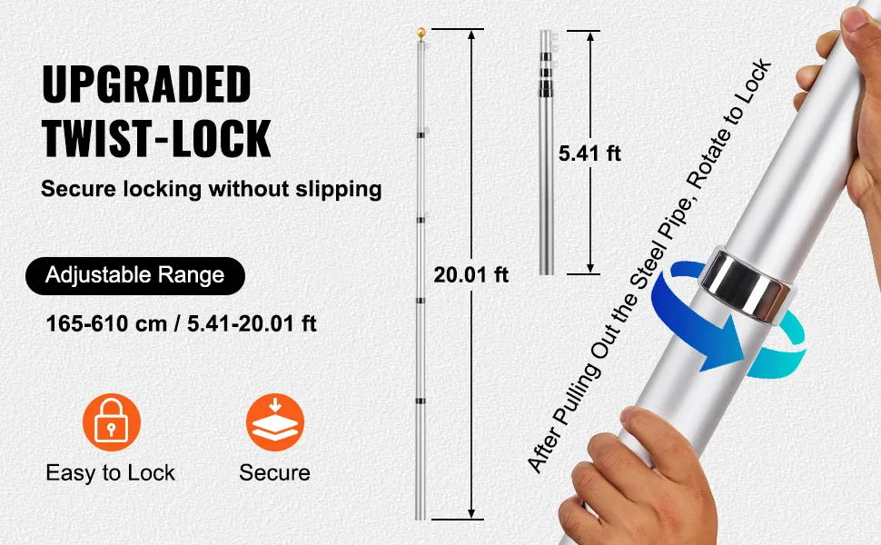 VEVOR telescoping flagpole with upgraded twist-lock, adjustable range of 5.41-20.01 ft. secure and easy to lock.