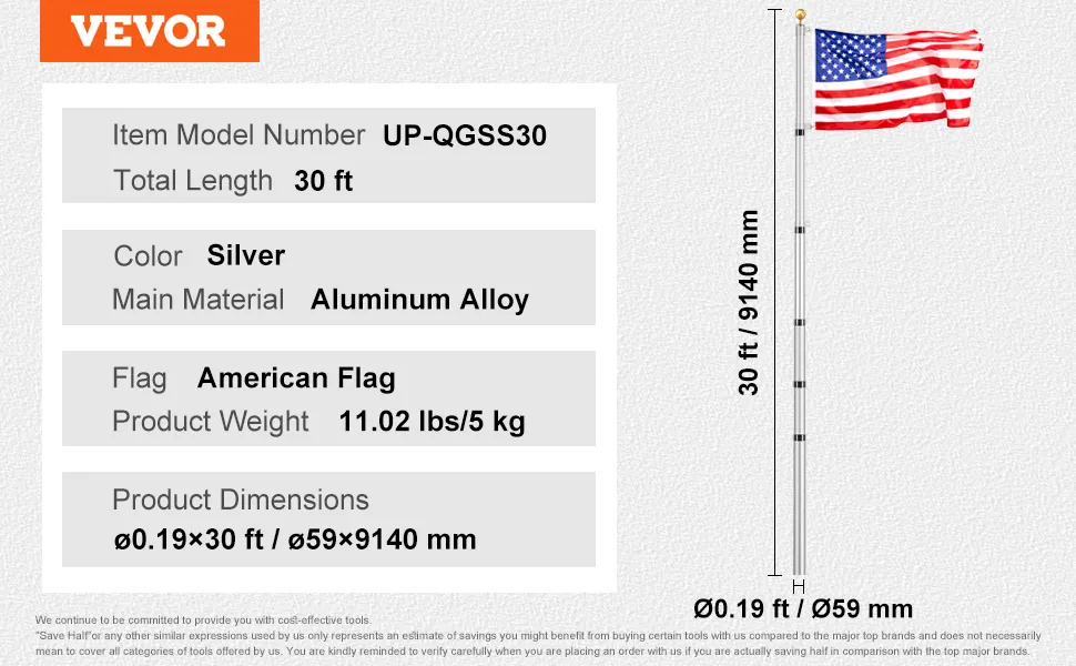 VEVOR telescoping flag pole kit with american flag, 30 ft silver aluminum alloy pole, 11.02 lbs.
