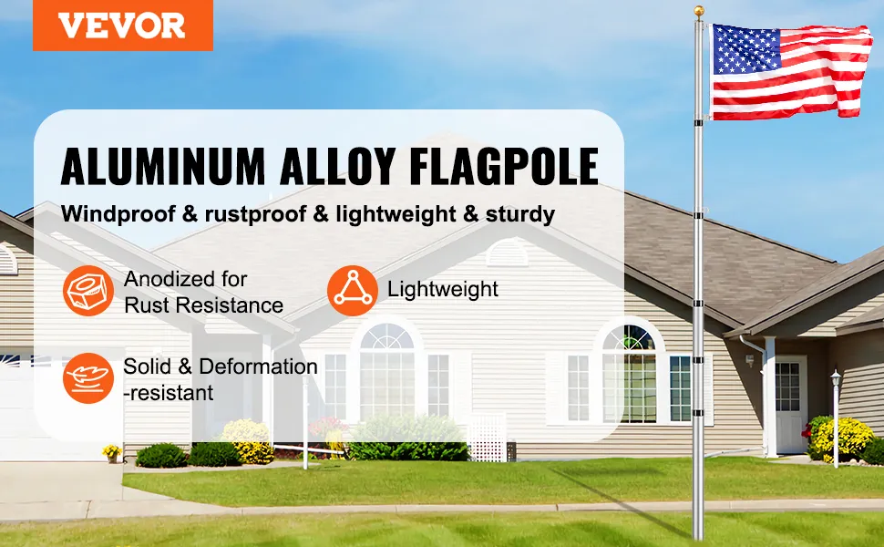 VEVOR telescoping flag pole kit: aluminum alloy, windproof, rustproof, lightweight, and sturdy.