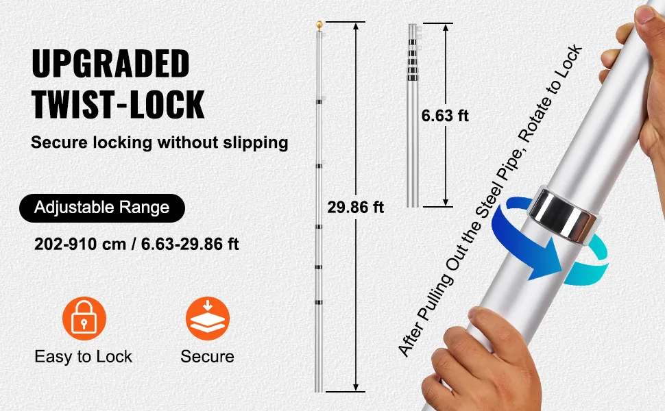 VEVOR telescoping flag pole kit with twist-lock, adjustable range 6.63-29.86 ft, easy to lock