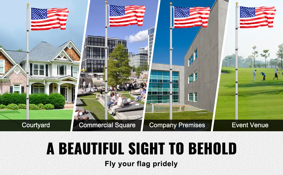 VEVOR telescoping flag pole kit in various settings: courtyard, commercial square, company premises, event venue.