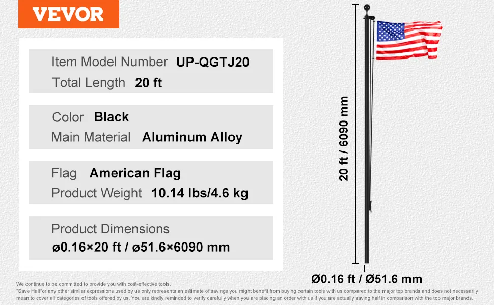 VEVOR flagpole kit, 20 ft aluminum alloy pole with american flag, black color, model up-qgtj20.