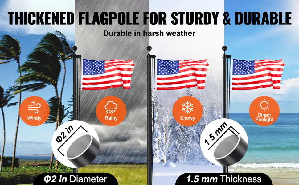 VEVOR flagpole kit demonstrating durability in windy, rainy, snowy, and sunny conditions with diameter and thickness specs.