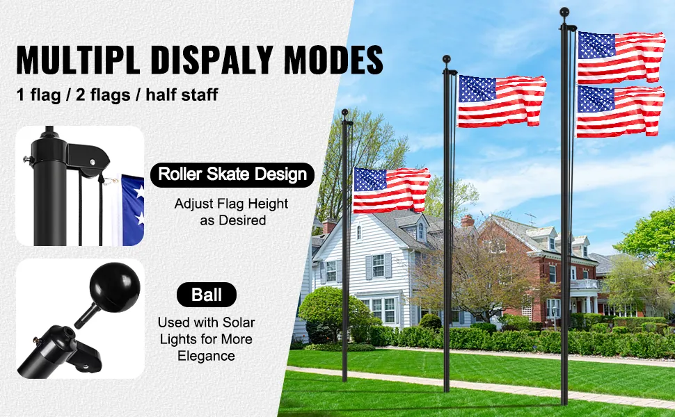 VEVOR flagpole kit showcasing various display modes with us flags in a suburban neighborhood.