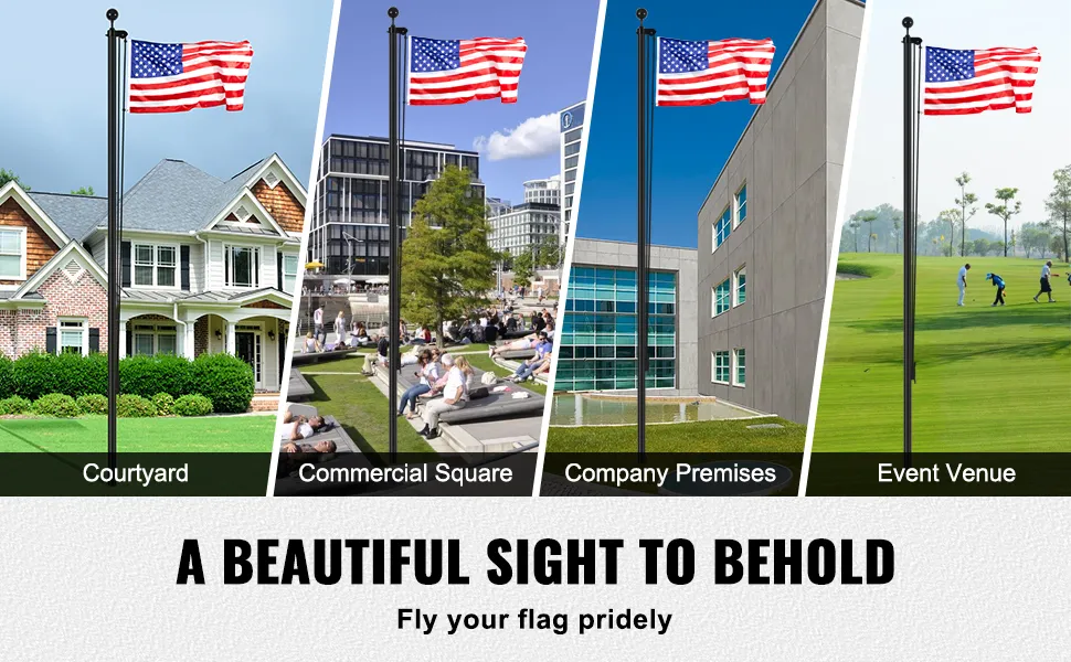 VEVOR flagpole kit in various settings: courtyard, commercial square, company premises, event venue.