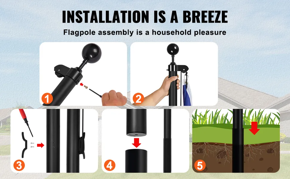 VEVOR flagpole kit assembly steps with tools and installation guide against a residential backdrop.