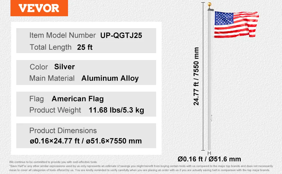 VEVOR flagpole kit, 25 ft silver aluminum alloy with american flag, product details and dimensions.