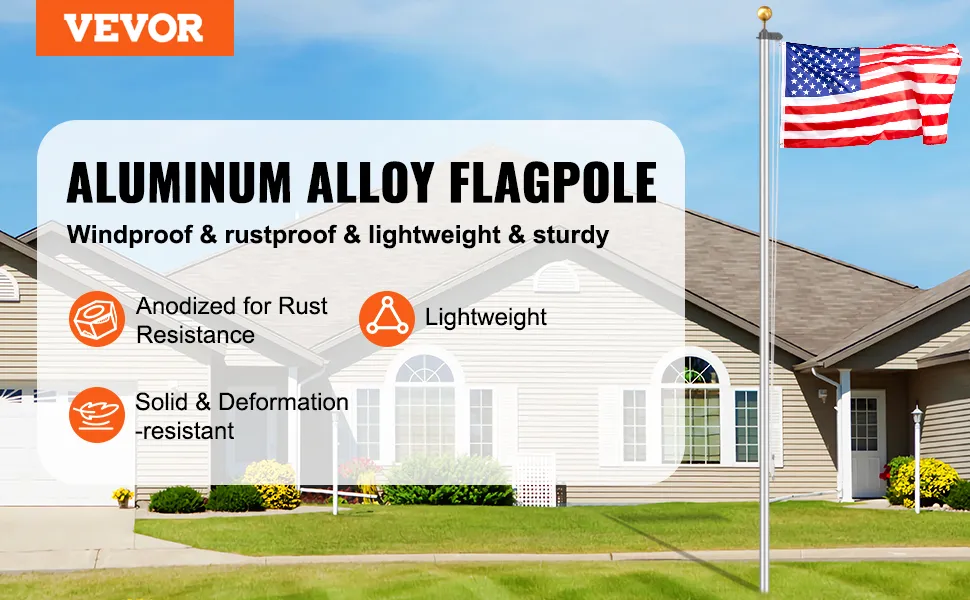 VEVOR flagpole kit: windproof aluminum alloy flagpole with american flag outside a modern house.