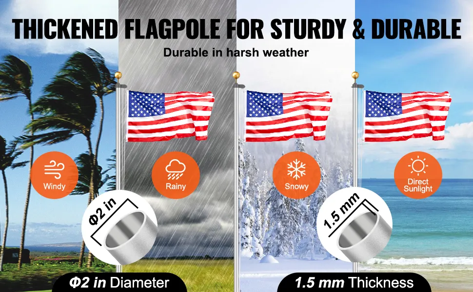VEVOR flagpole kit, durable in windy, rainy, snowy, and sunny weather with 2-inch diameter and 1.5mm thickness.