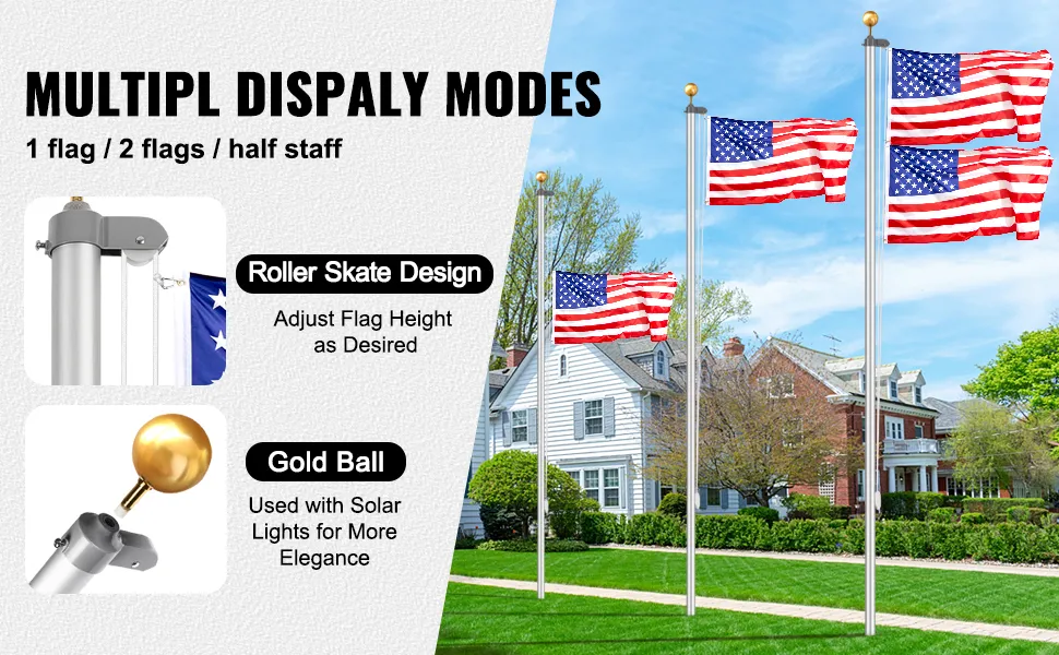 VEVOR flagpole kit with multiple display modes, roller skate design, and gold ball topper in a suburban yard.