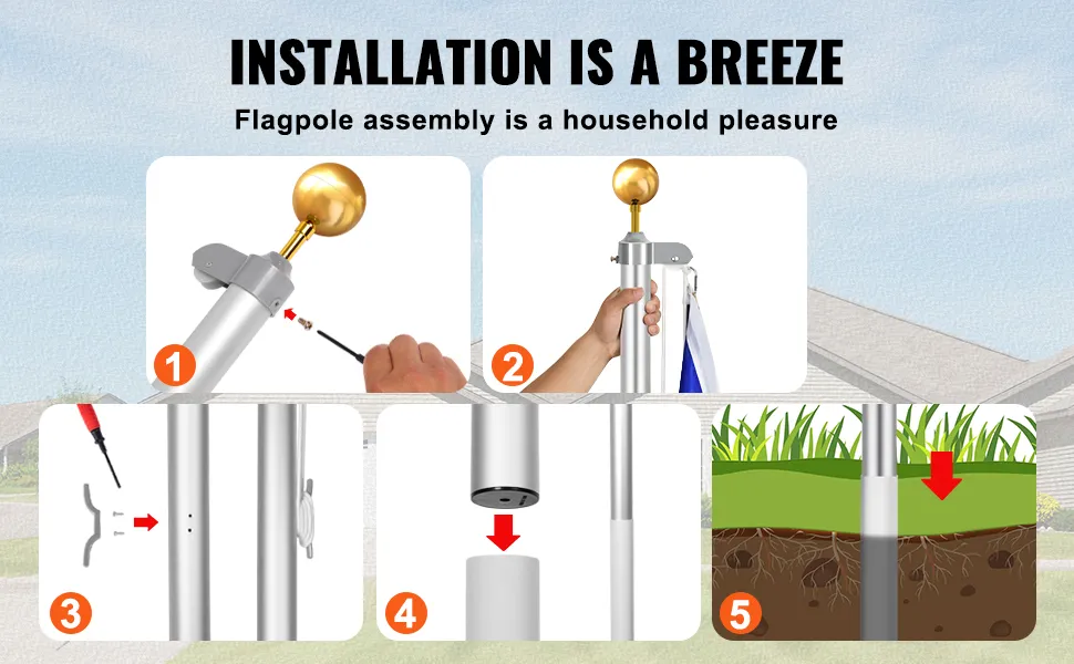 installation steps for VEVOR flagpole kit: screw in the top finial, join sections, secure screws, insert and ground.