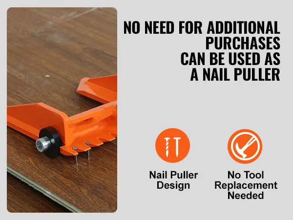 orange VEVOR demolition tool on wood surface, dual blades, nail puller feature, text promotes versatility.