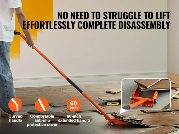 man using VEVOR demolition tool with 60-inch curved handle for easy floor disassembly, anti-slip grip.