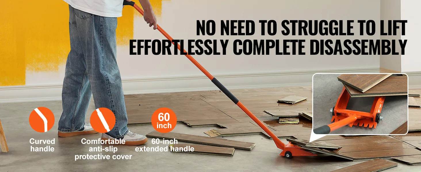 man using VEVOR demolition tool with 60-inch curved handle for easy floor disassembly, anti-slip grip.