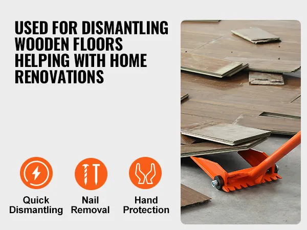 VEVOR demolition tool dismantling wooden floors for home renovations with quick dismantling features.