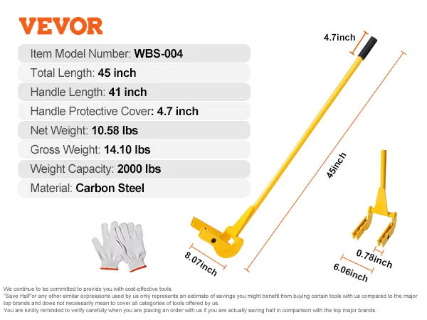 VEVOR pallet buster with 45-inch carbon steel handle and 2 fork teeth details. includes gloves.