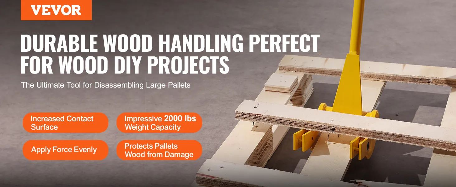 VEVOR pallet buster on wooden pallets, highlighting durability and diy project capabilities.