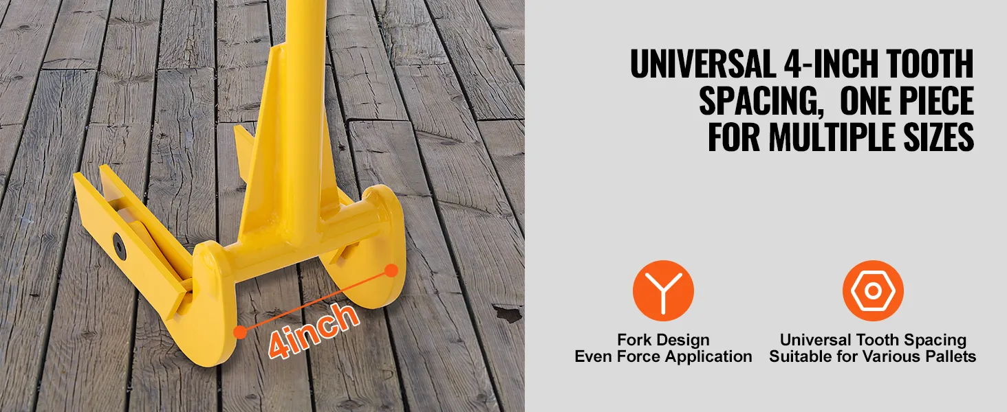 yellow VEVOR pallet buster with 4-inch tooth spacing on wooden floor, designed for various pallets.