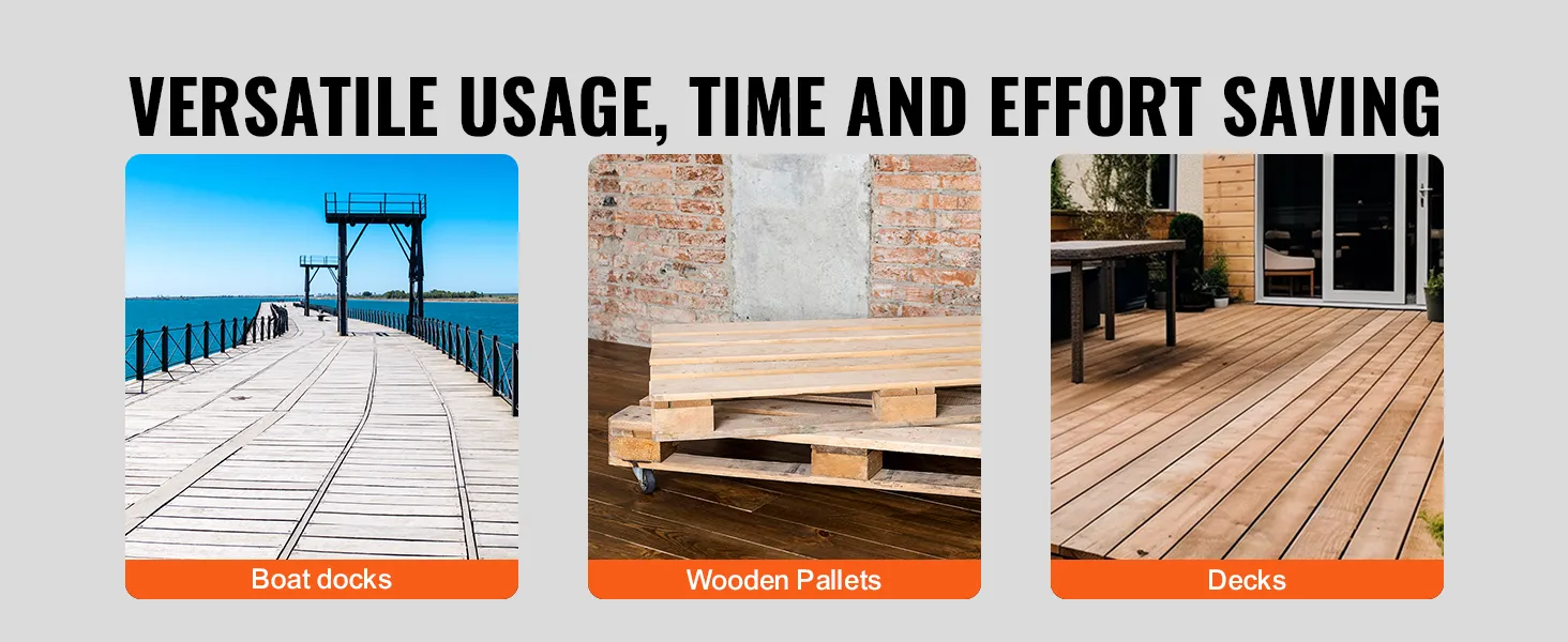 boat docks, wooden pallets, and decks with text "versatile usage, time and effort saving". VEVOR pallet buster