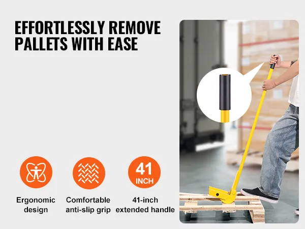 effortlessly lifting a wooden pallet with the ergonomic VEVOR pallet buster, showing its anti-slip grip.