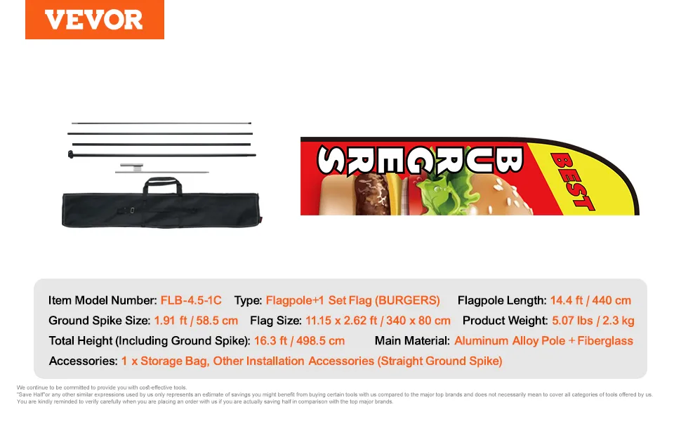 VEVOR burger flag set with poles, ground spike, and storage bag, flag size 11.15x2.62 ft, 16.3 ft height.
