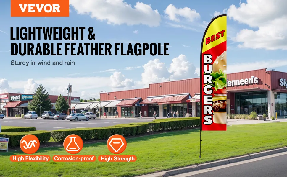 VEVOR burger flag displayed on a feather flagpole outside shops on a clear day.
