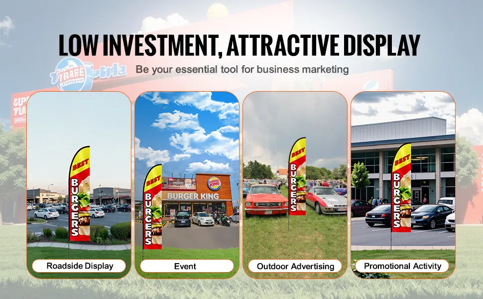 VEVOR burger flag roadside, event, outdoor, and promotional displays with cars and buildings in the background.