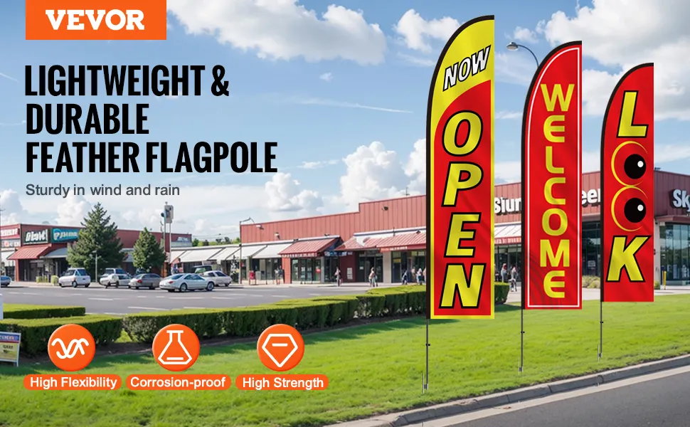 VEVOR open flag kit showcasing lightweight, durable feather flagpoles with "open," "welcome," and "look" flags.