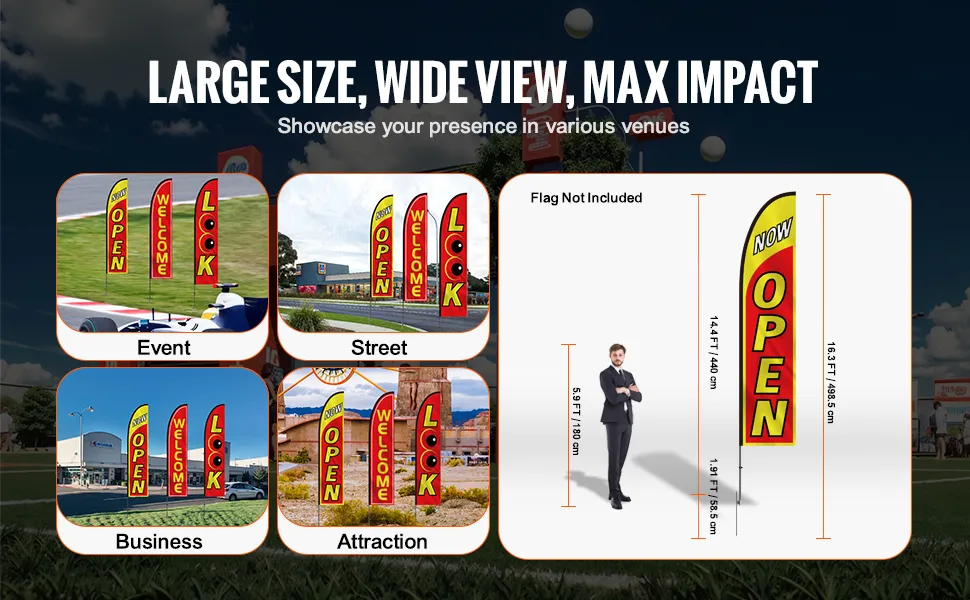 VEVOR open flag kit for events, streets, businesses, and attractions, showcasing large yellow and red flags.