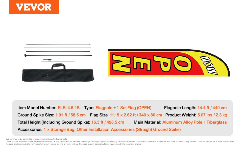 VEVOR open flags set with a flagpole, ground spike, storage bag, and bright "open now" flag.