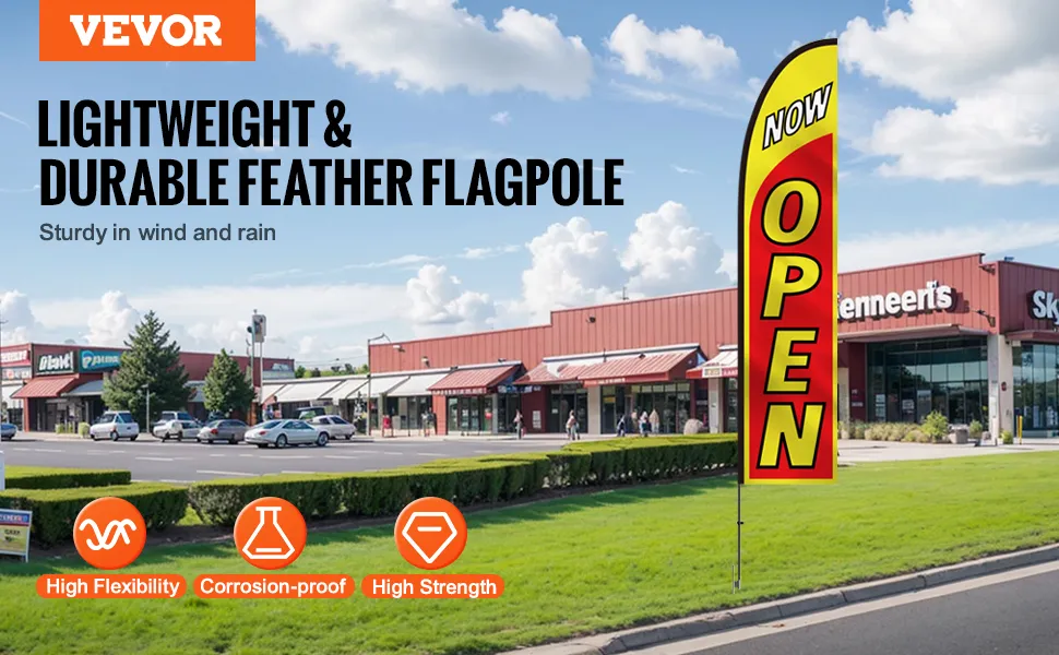 VEVOR open flags feather flagpole in front of a plaza, highlighting high flexibility and corrosion-proof features.