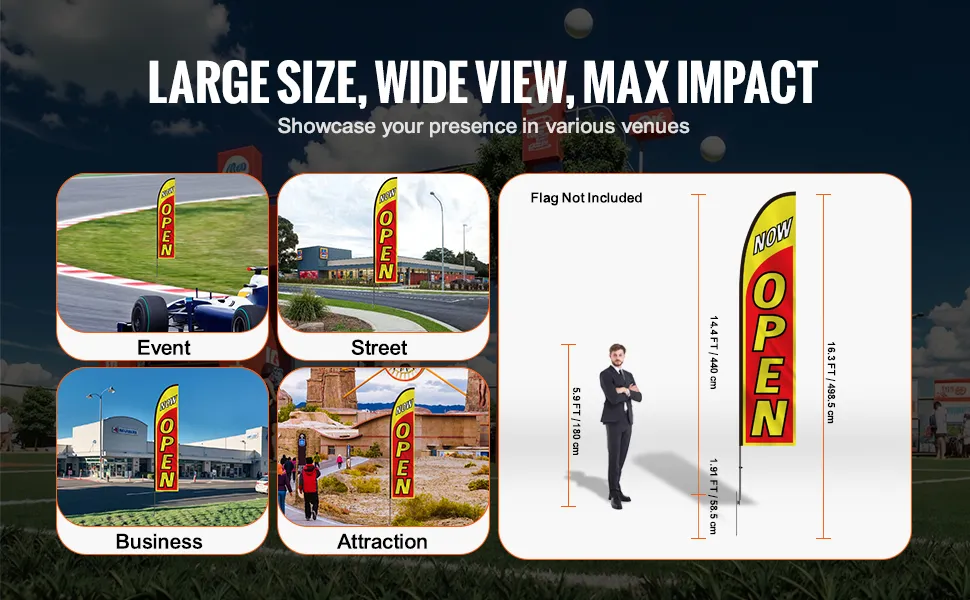 VEVOR open flags at events, street, business, and attractions, emphasizing large size and high impact.