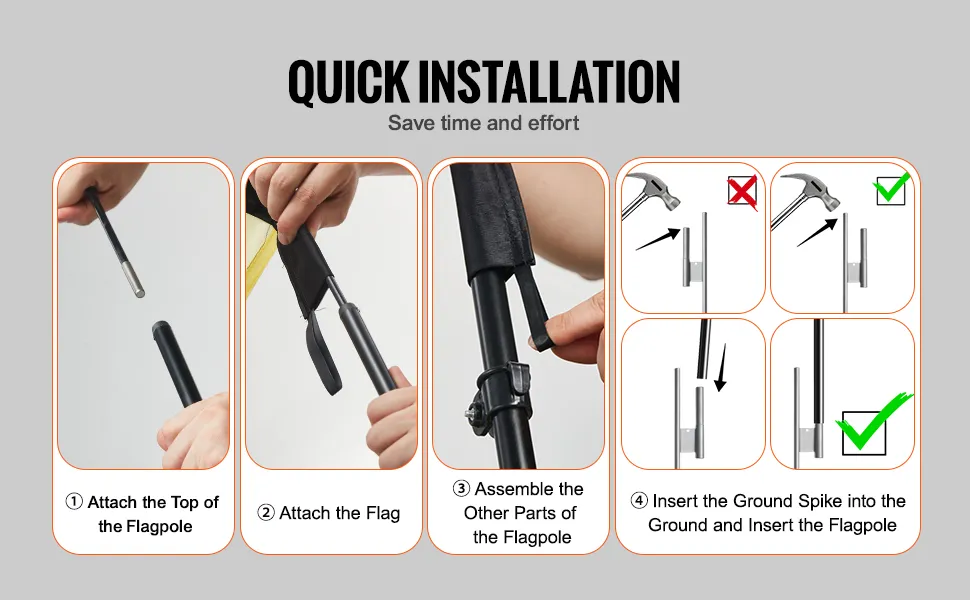 quick installation guide for VEVOR open flags: attach flagpole top, attach flag, assemble parts, insert spike.